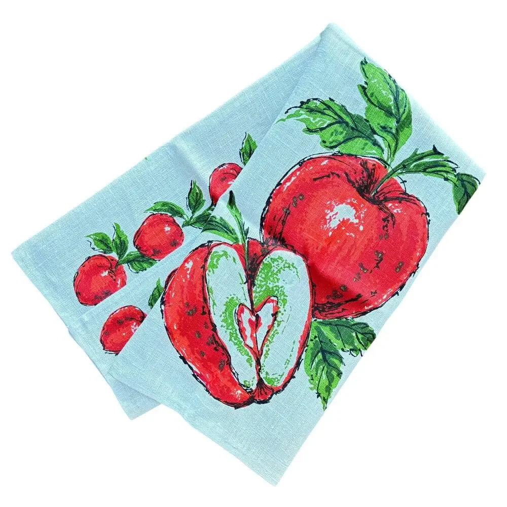 Vintage linen kitchen tea towel white & red apples motif cottage farmhouse decor